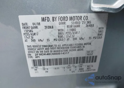 2008 Ford Edge Sel из США, поврежденный, VIN 2FMDK48C68BB14317